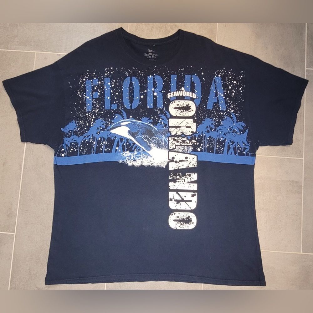 Vintage Sea World Mens T Shirt 3XL 90s Orlando Orca Wrap Around  Graphic Blue